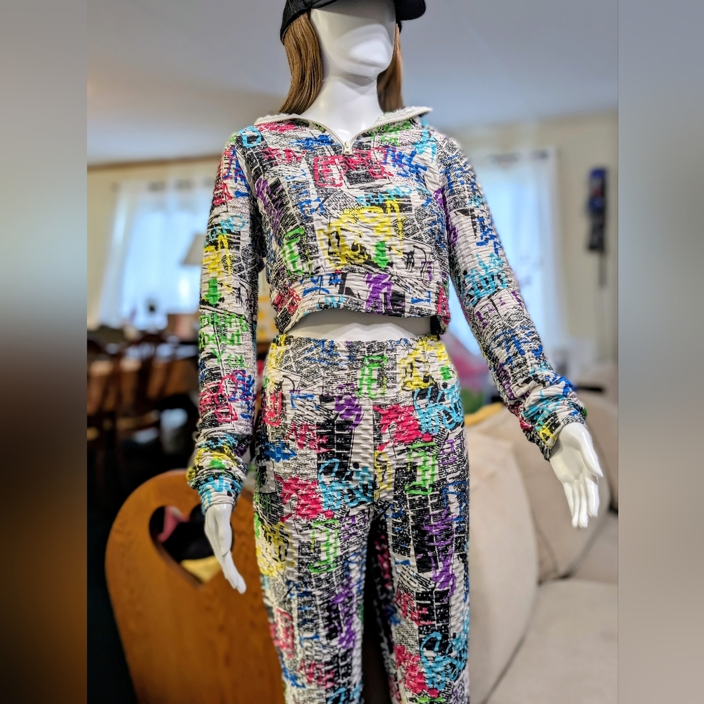 Colorful Abstract Print Two-Piece Set Love Star Graffiti Print Jogger Zip Up